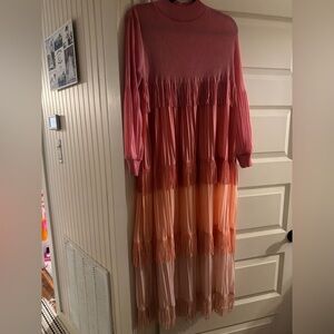 Pink and Peach fringe Tiered Dress
